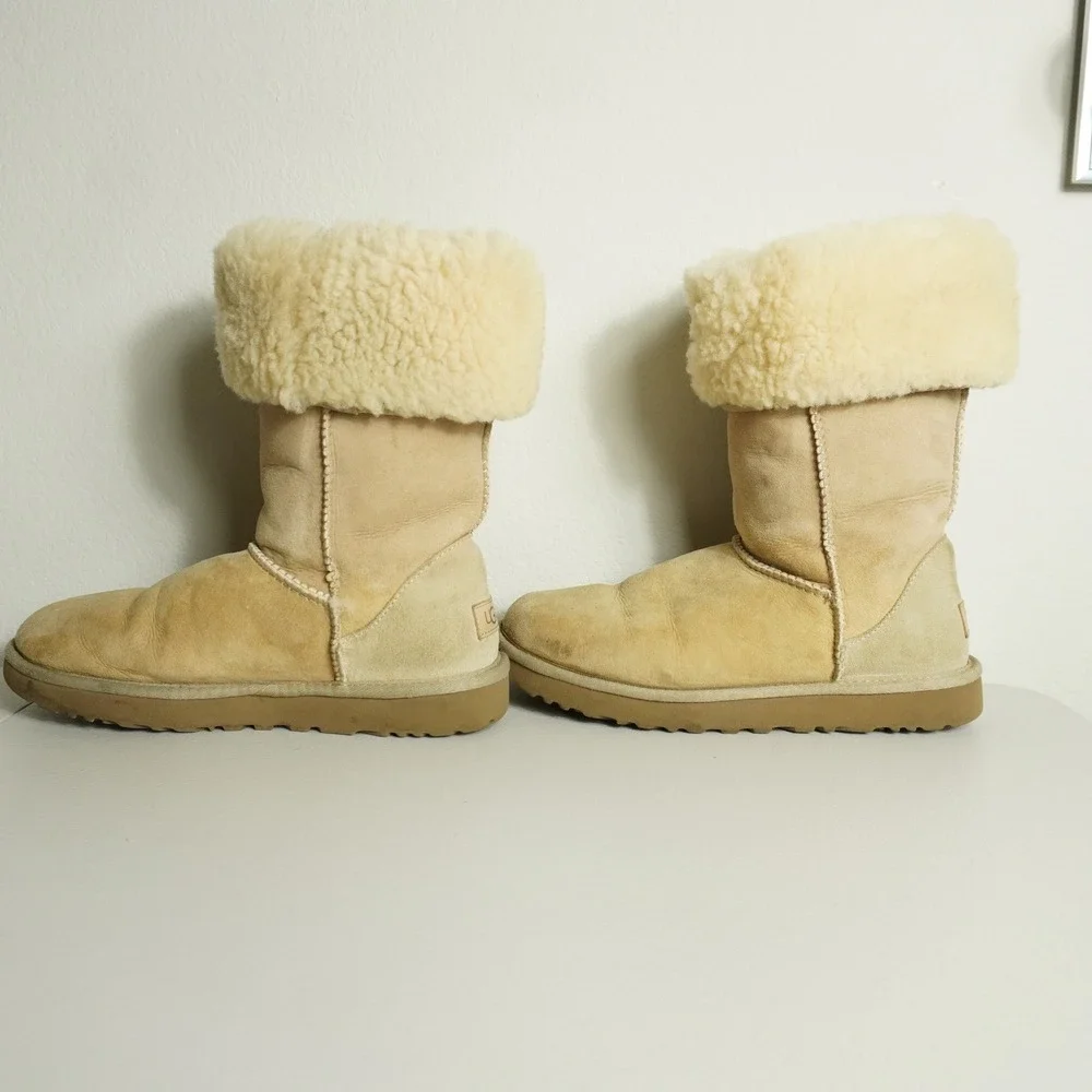 UGG Classic TaII Boots Womens 8 Sand Tan Suede Shearling Lined Foldable Cuff